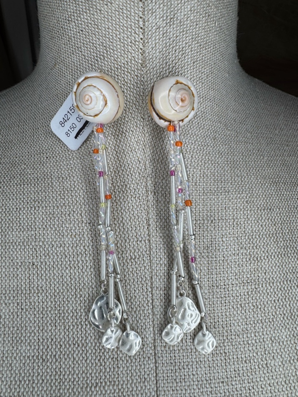 Free People Shell Beaded Statement Earrings | Coastal Boho Silver Dangle Fringe
